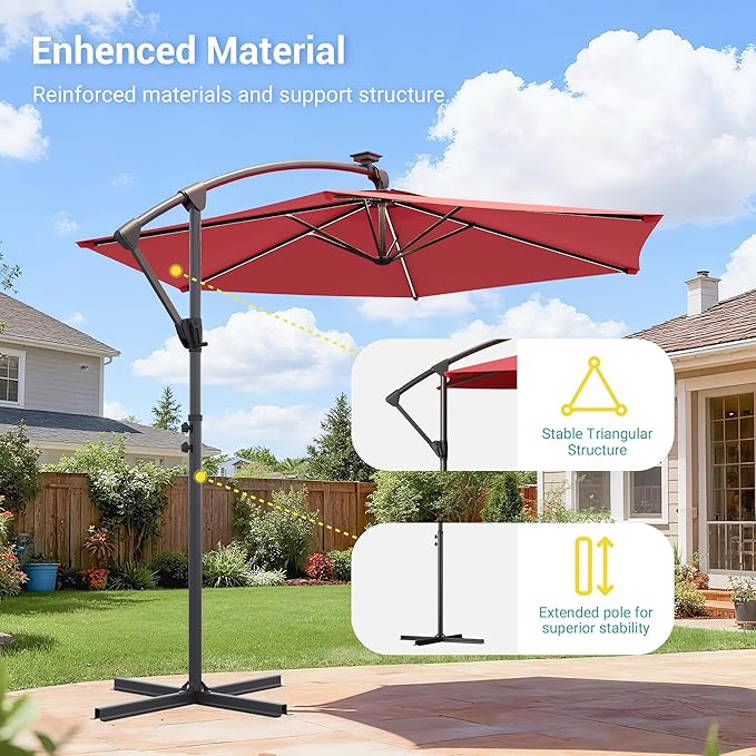 10ft Offset Patio Umbrella with Solar Light Strips,Outdoor Cantilever Hanging Umbrella with Cross Base, Fade Resistant Recycled Fabric, for Pool, Deck, Garden,Backyard,