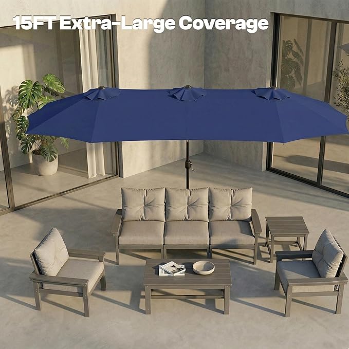 15FT Large Outdoor Patio Umbrella with Solar Lights and Base, Double-Sided Table Umbrellas with 48 LED Lights, Rectangle Market Umbrella for Pool, Deck, Backyard