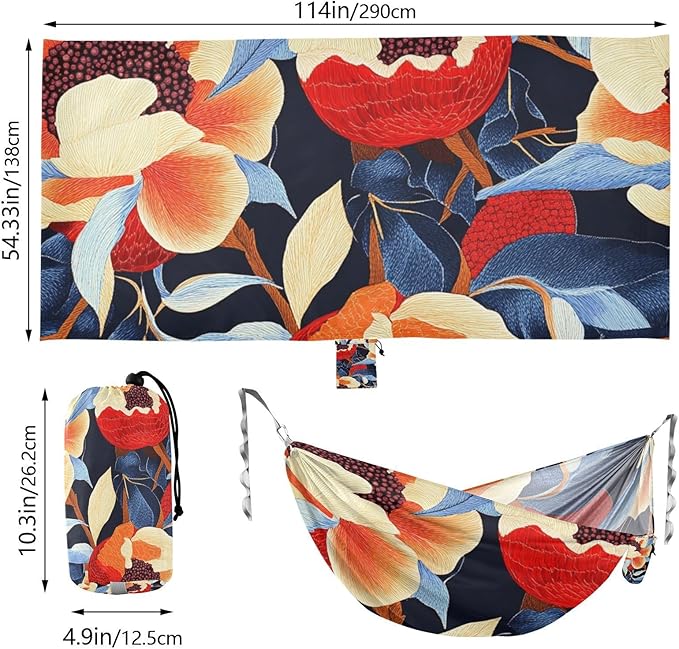 Retro Red Pomegranates Fruit Flowers 330lb Capacity Camping Hammock with Tree Straps Rope Hammock for Patio Backyard Lounge Base accesorios para Camping