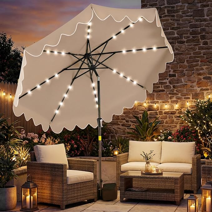 Tangkula 9 FT Solar Patio Umbrella with Base Included, 2-Tiers Outdoor Scalloped Table Umbrella with 32 LED Lights, 2 Sandbags, Tilt Adjustment, Crank, 8 Ribs for Market Backyard Pool Deck Beach Lawn