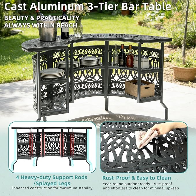 MEETWARM Large 3-Tier Half Moon Outdoor Bar Table, All-Weather Cast Aluminum 75" Patio Party Bar Table with Storage Shelves, 220 LBS Heavy Duty Patio Counter Table High Top Dining Table Home Bar Unit