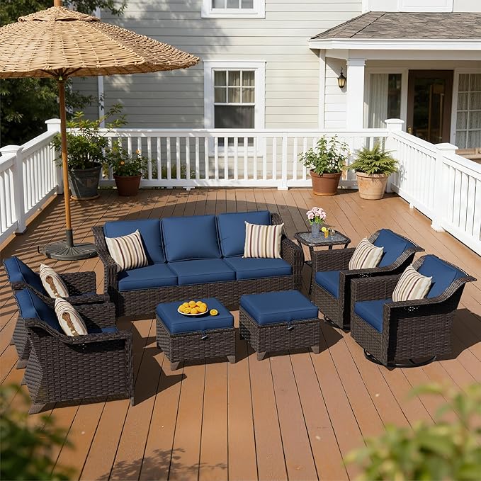 8 Pieces Patio Conversation Furniture Set - 1 Sofa, 2 Ottomans, 2 Armchairs, 2 Swivel Chairs, 1 Side Table, Outdoor Wicker Furniture with Removable Cushions for Porch, Sunroom (Blue)