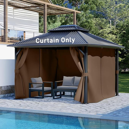 Aoodor 10x12 ft Outdoor Gazebo Curtains, 4 Panels Waterproof Privacy Sidewall Replacement with Zipper for Patio Pergola and Canopy, Brown