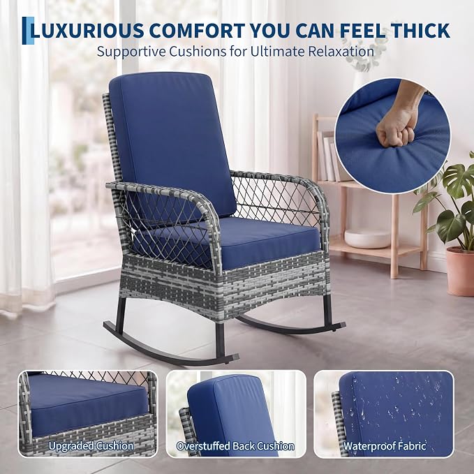 GarveeLife 3 Piece Outdoor Wicker Rocking Chair Set, Hollow Rattan Rocker Chairs with Side Table, Gray Gradient Wicker with Blue Cushions for Patio, Porch, Backyard