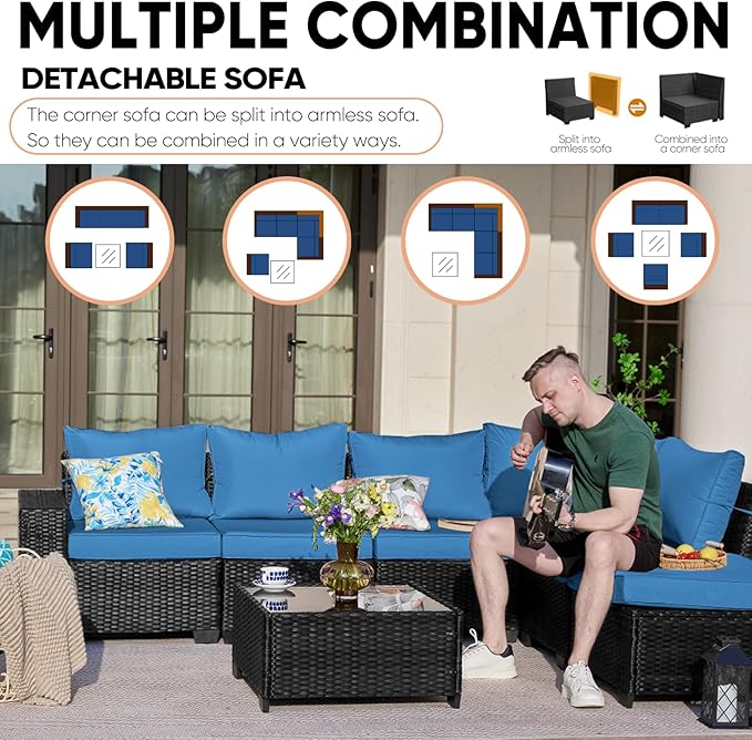 6 Pieces Patio Furniture Set,Wicker PE Rattan Outdoor Sectional with Cushion & Coffee Table, Patio Conversation Sofa for Garden, Backyard, Poolside, Peacock Blue