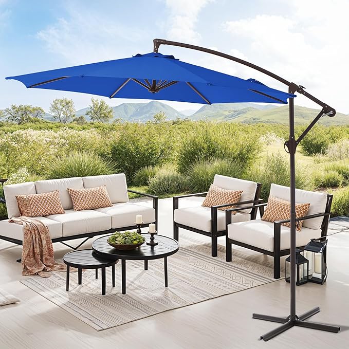 10FT Patio Umbrella, Outdoor Offset Cantilever Umbrella with Sturdy 8 Ribs, Easy Tilt Adjustment for Backyard Pool Garden,Dark Blue