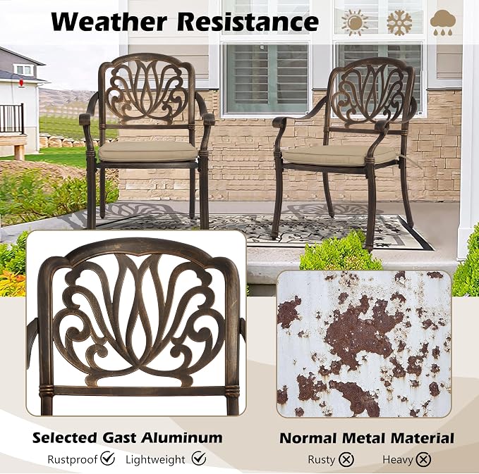 MAGIC UNION 9 Pieces Outdoor Dining Set, Cast Aluminum Retro Patio Dining Set Includes 87" Rectangular Dining Table with Umbrella Hole and 8 Stackable Dining Chairs with Cushions (Khaki)
