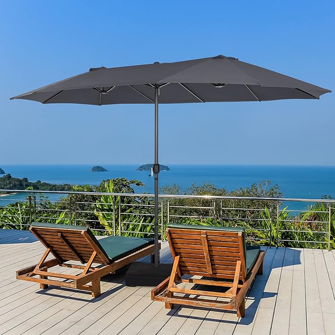 Tangkula 15FT Double-Sided Patio Umbrella, Outdoor Market Umbrella W/Hand-Crank System & Enhanced Base, Ultra-Large Twin Garden Umbrella W/ 12-Rib Structure for Residential & Commercial Use (Gray)