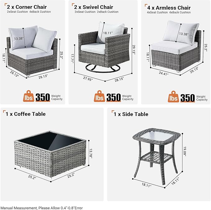ovios Outdoor 10 Piece Coversation Set with Swivel Rocking Chair,Sectional Patio Furniture Set with All-Weather Wicker Sofa,Modern Outside Couch for Balcony Backyard Pool, Grey