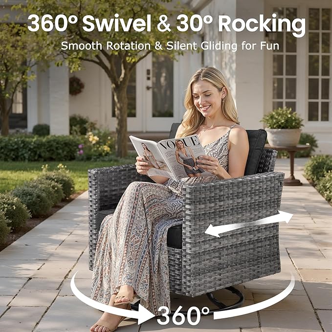 9 PCS Outdoor Patio Furniture Sets with Wicker Rocking Chair,Wicker Weather Resistant Patio Conversation Set with Comfy Cushions,Modular L Shaped Sofa with Coffee Table for Yard,Black