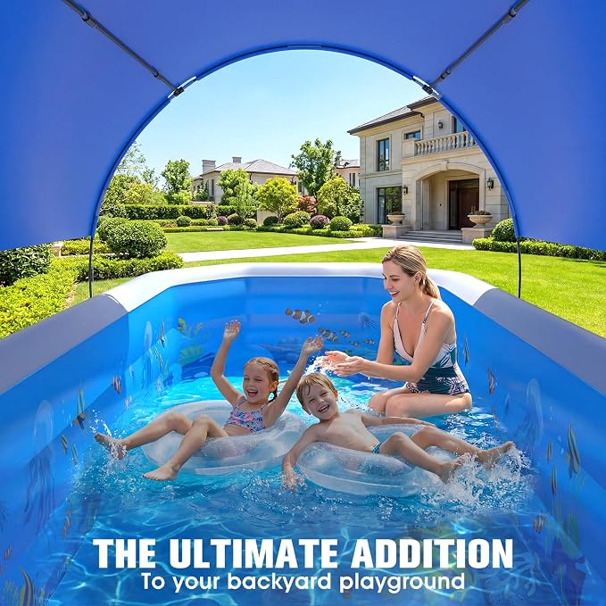 2026 Inflatable Pool with Canopy, Large Inflatable Pool for Kids,Adults, Blow Up Pools with Seats,Oversize Thickened 118"x75"x22"Inflatable Swimming Pools, Kids Pool for Backyard,Ocean Theme-Blue
