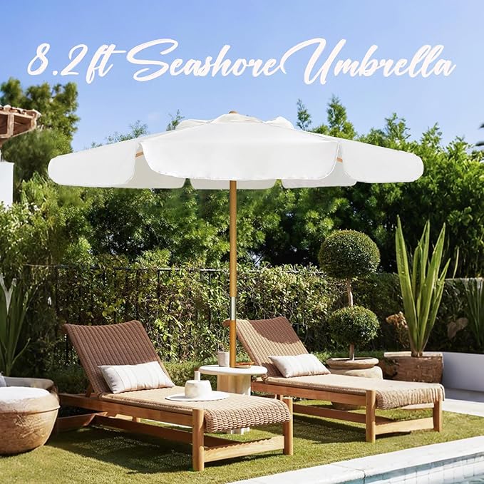 AMMSUN 8.2ft Vintage Wood Outdoor Umbrella, with a pulley system, UPF 50+, for markets, gardens, porches, courtyards, beach terraces, cafes, taverns, dining tables, pool sides, wedding venues