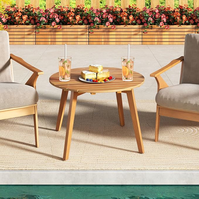 Tangkula Outdoor Side Table, 24.5 Inch Acacia Wood Round Accent Bistro Patio Table with Slatted Tabletop, for Backyard, Balcony, Poolside, Garden (2)