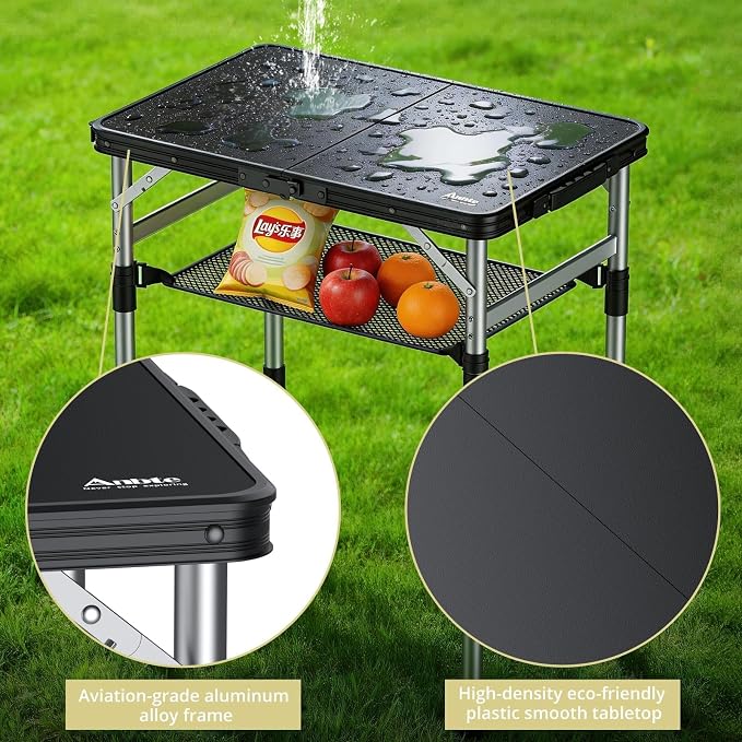 Anbte 2ft Small Plastic Folding Camping Table, Waterproof 3 Adjustable Height Portable Camping Table with Storage Net, Flat Tabletop, for Picnic Indoor Outdoor Travel Beach Patio, 22.8" X 15.7", Black