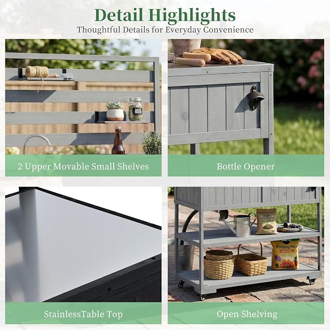 RUNNA 4-Piece Outdoor Rolling Kitchen Island with Sink w/Faucet, Solid Wood Grill Table with Storage Cabinets, Drawers, Stainless Table Top and Movable Shelves for Garden (Gray#38)