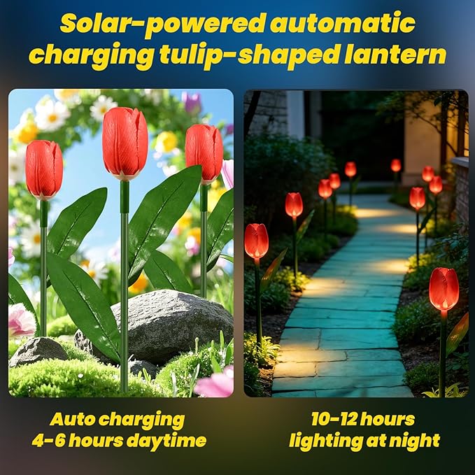 Solar Garden Lights Outdoor - Upgraded Brighter Tulip Lights with 6Pack Realistic Solar Flower,IP65 Waterproof Outdoor Garden Decor for Yard Lawn Pathway,Gift for Mom Women,Red