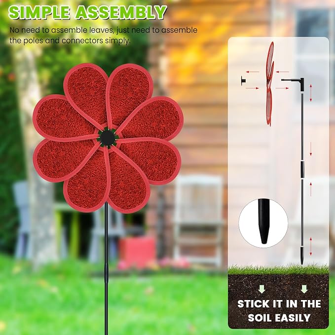 4PCS 11.4" W x 28" H Reflective Pinwheels Sparkly Lawn Wind Spinners Colorful Rainbow Windmill for Garden Decoration Bird Devices Deterrent to Scare Birds Away (Red)