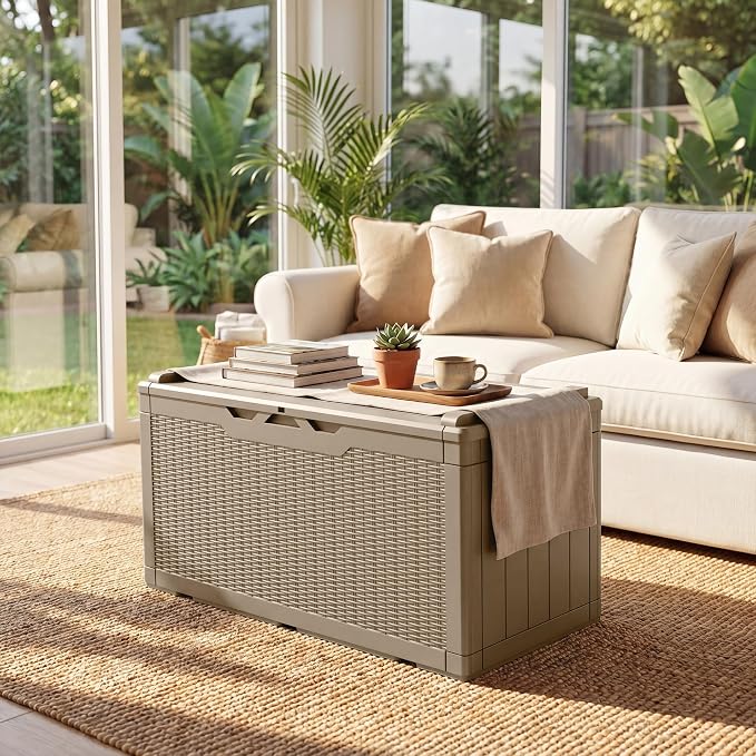 JUMMICO 100 Gallon Resin Deck Box with Cushion, Waterproof Outdoor Storage Box with Lockable Lid for Garden Tools, Patio Cushions (Light Brown)