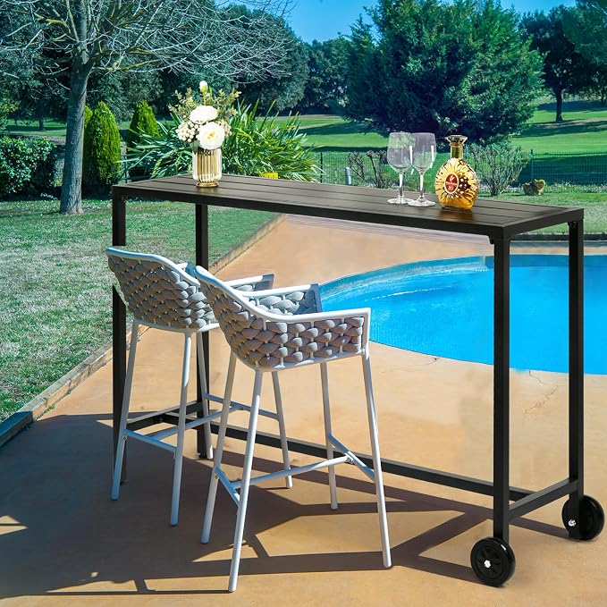 55" Narrow Rectangle Outdoor Bar Table, 380 LBS Capacity Waterproof Metal Table with Wheels & Adjustable Feet, Space Saving All Weather Bar Console Table for Patio Poolside Balcony Black