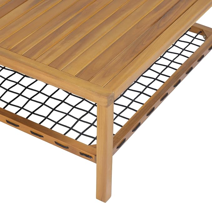 Christopher Knight Home Outdoor Acacia Wood Coffee Table with Woven Rope Storage Shelf Square Patio Coffee Table 35.43 Inch for Balcony Backyard Poolside Natural Wood Finish