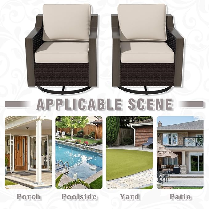Outdoor Wicker Swivel Chair Set of 2, All-Weather Use Patio Rattan Chair with Removable Water-Resistant Cushion, Ideal for Porch, Backyard, Balcony, Poolside, Beige