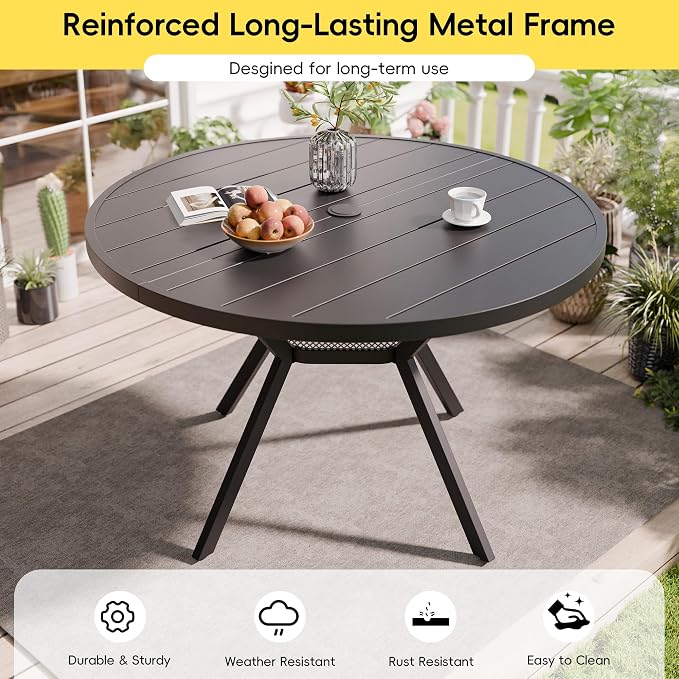 Betterhood 42” Outdoor Patio Table, Metal Patio Dining Table for All Weather, Round Outdoor Coffee Table, Patio Table with Adjustable Umbrella Hole or Garden, Backyard and Porch