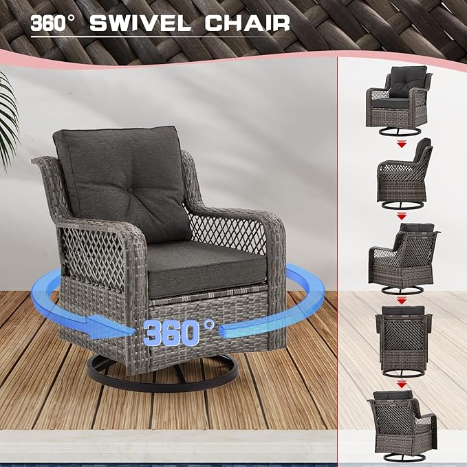 6 Pieces Wicker Patio Furniture Set Conversations Sets, 2 Outdoor 360° Swivel Rocking Chairs, Patio Swivel Glider Chair with Table and Ottoman for Garden, Poolside, Backyard (Grey)