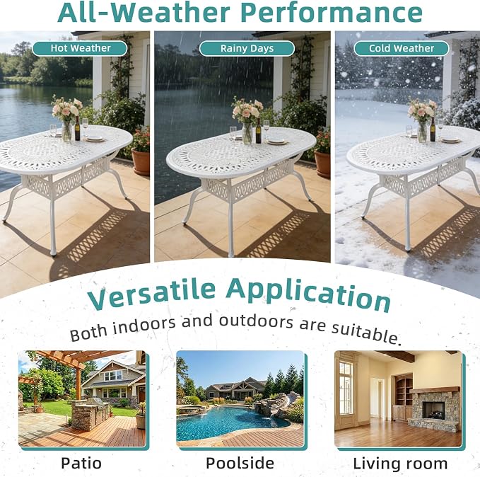 MEETWARM Outdoor 84" Oval Patio Dining Table, All Weather Cast Aluminum Large Patio Furniture Table Fits for 6-8 Person with 2" Umbrella Hole, White