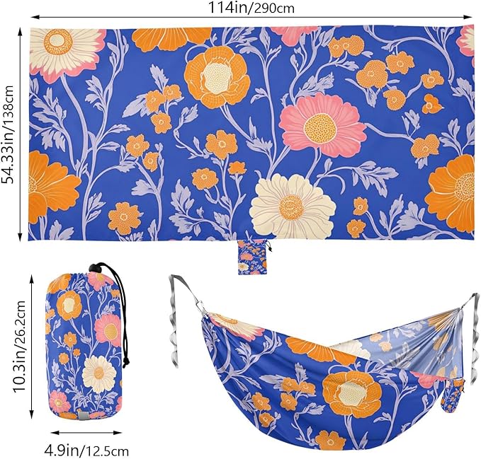 Bright Blue Background Orange Pink Flowers 330lb Capacity Hammocks with Portabl Carry Bag Backyard Hammock for Outside Beach Patio Garden capas para la Lluvia