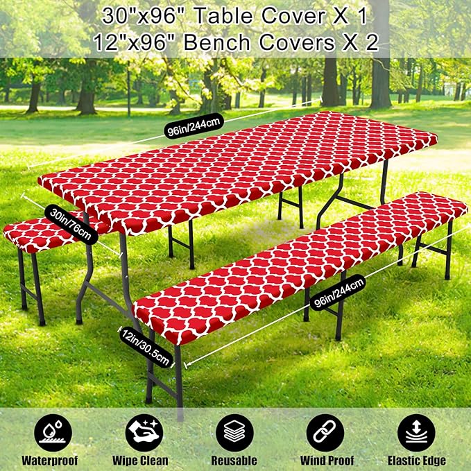Smiry Picnic Table Cover with Bench Covers, Waterproof Elastic Fitted Tablecloth for 8 Foot Tables, Washable Polyester Tablecloths for Camping, Indoor & Outdoor (Red, 30x96 Inch 3-pc Set)