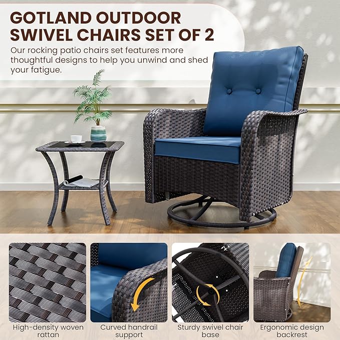 Gotland 11 Pieces Patio Furniture Set with Fire Pit Table Swivel Chairs, PE Rattan Outdoor Furniture with 29.5'' High Backrest 4’’ Thick Cushions, Outdoor Sectional for Porch, Deck, Garden, Navy