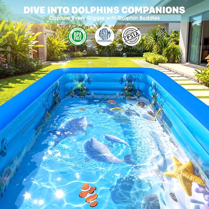 Extra Large Inflatable Pool with Lights,Upgraded Solar Powered Blow Up Pool for Adults,Inflatable Kids Swimming Pool with Seat& Backrest,Big Inflatable Kids Pool for Backyard,120x73x20IN-Blue