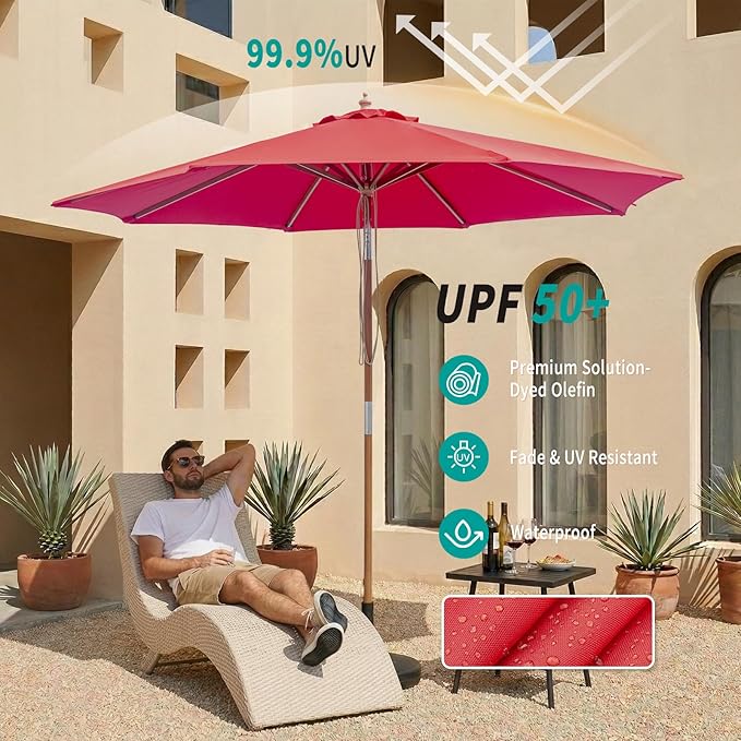 9FT/10FT Bamboo Patio Umbrella, Large Outdoor Umbrella with UPF 50+ Sun Protection, Rope Pulley Lift & Push-Button Tilt, 8-Rib Ventilated Canopy for Garden, Deck, Backyard & Outdoor Dining