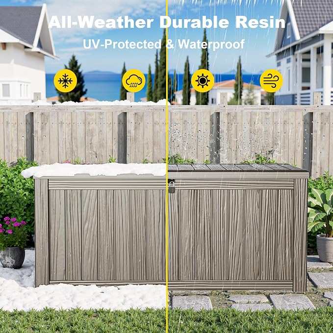 Deck Box Large Outdoor Storage for Patio Furniture,Outdoor Cushions,Garden Tools and Pool Supplies,Waterproof,Resin,Lockable (Grey, 150 Gallon)