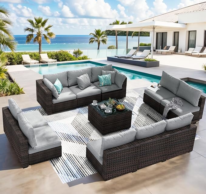 11 Piece Patio Furniture Set All Weather PE Rattan Outdoor Sectional Sofa Couch with No-Slip Cushions and Glass Top Table for Garden, Poolside, Backyard (Gray)