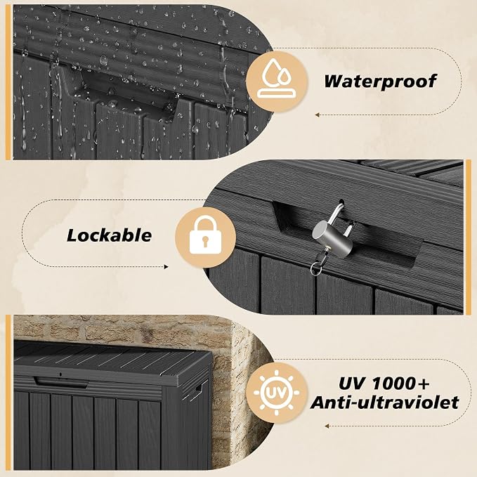 Fancyango 45 Gallon Outdoor Deck Box Waterproof, Storage Box for Patio, Resin Storage Bench Lockable for Garden Tools, Package Delivery, Black