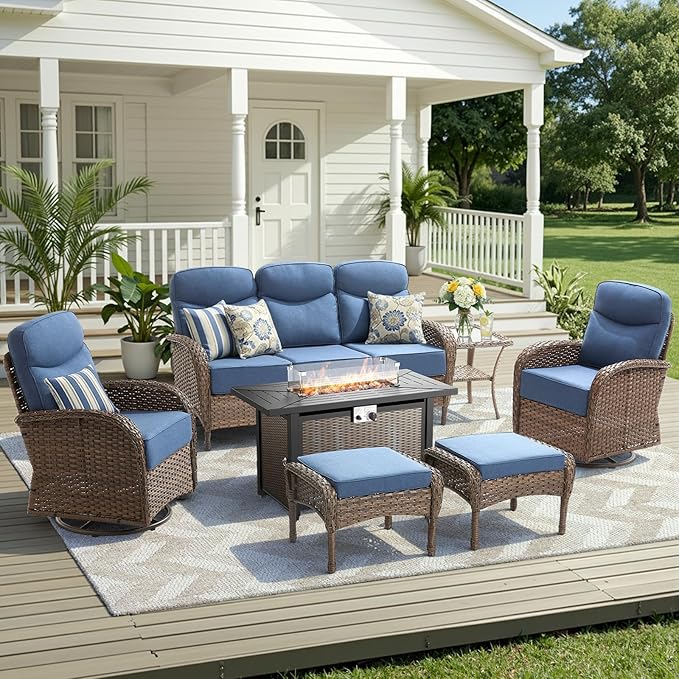 Luxury Patio Furniture Set with 42.5" Fire Pit Table, 6-Inch Thick Cushions Wicker Outdoor Furniture with Wicker Swivel Patio Chairs Set of 2, Patio Conversation Set for Deck Garden Porch, Blue