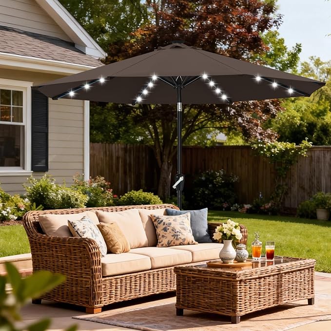 ABCCANOPY Durable Solar Led Patio Umbrellas with 32LED Lights 9FT (Brown)
