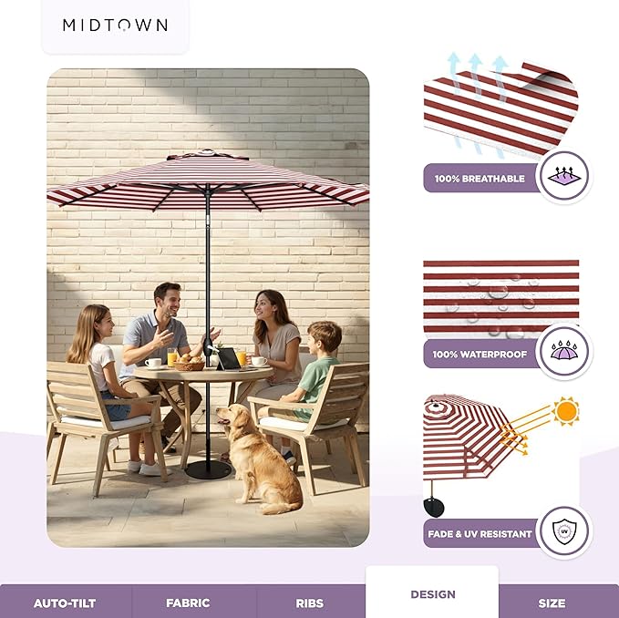 MIDTOWN UMBRELLAS The Lean 9 Feet Outdoor Umbrella With Terylast Red Stripes (Red/White Stripes) Polyester Fabric - 8 Ribs Aluminum Frame Patio Umbrella With Zinc Alloy Crank Lift And Auto-Tilt System