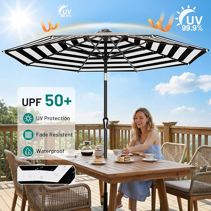 AreShark 9FT Patio Umbrella with Solar Lights, 32 Lighted Solar Table Market Umbrella w/Tilt and Crank Outdoor Umbrella for Garden, Deck, Backyard, Pool and Beach, Black and White Stripe