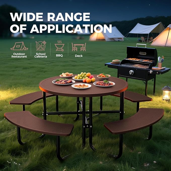 46" Coated Round Metal Picnic Table for 4-8 Person, Durable Heavy Duty Commercial Picnic Table with Umbrella Hole for Outdoor Coffee Shop, School, Easy to Install, Brown