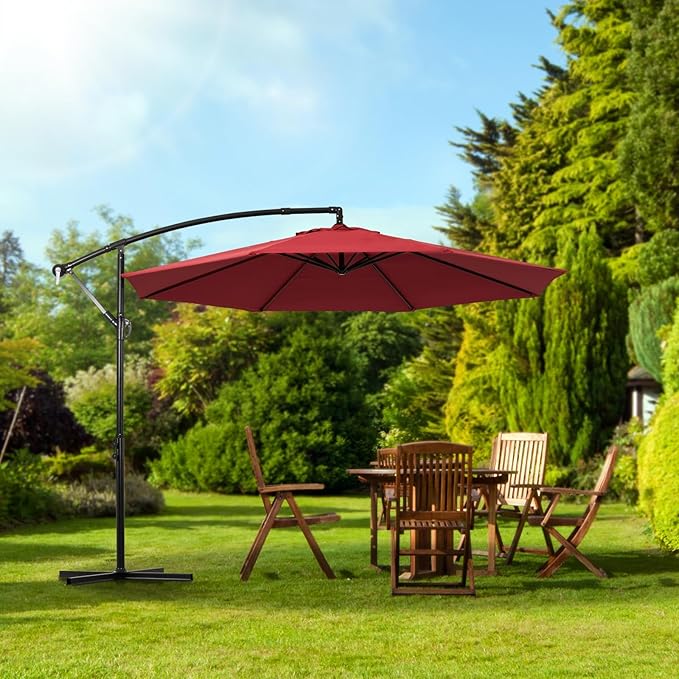 Backyard Expressions 10ft Offset Hanging Patio Umbrella with Crank Lift & Tilt, Outdoor Market Umbrella with UV-Resistant Canopy, Cross Base, and Air Vent for Backyard - Red