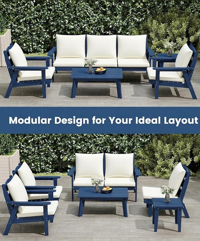 FOOWIN 7-Piece Patio Furniture Set, HDPE All-Weather Outdoor Conversation Set with Thick Cushions, Sectional Patio Sofa Furniture for Deck, Porch, Lawn, Garden, Navy Blue Frame & White Cushion