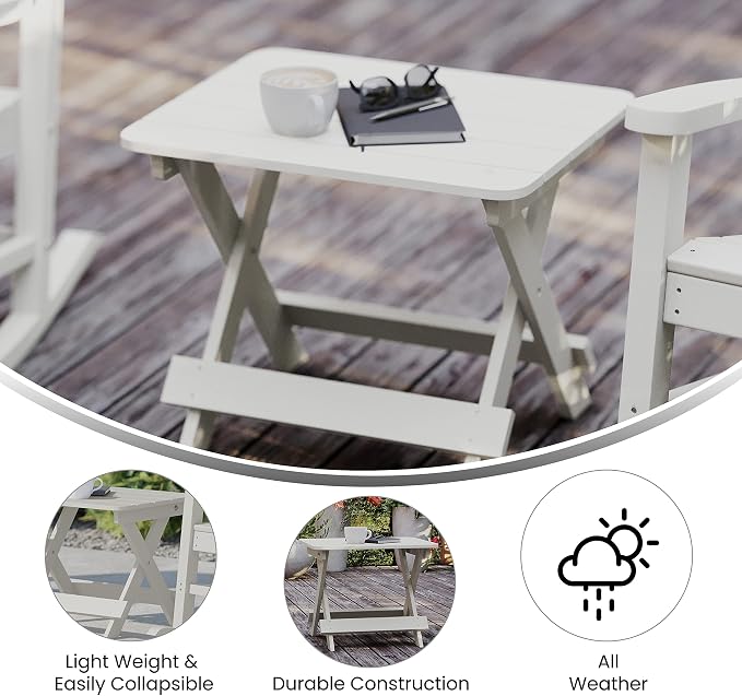 Flash Furniture Halifax Outdoor Folding Side Table, Portable All-Weather HDPE Adirondack Side Table, White