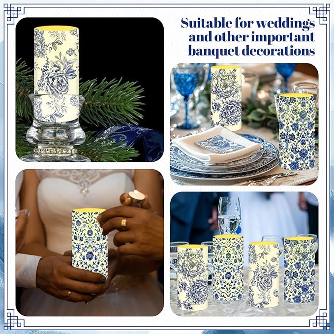 Tiamon 4 Pcs Chinoiserie Flameless Pillar Candles LED Blue and White Porcelain Candles Set Battery Operated Warm Light Flickering Chinoiserie Decor for Wedding Home Table Party Decoration