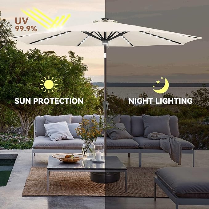 11ft Solar Umbrella Outdoor - Lighted Solar Patio Umbrella with 40 LED Lights Waterproof UV Protection, Table Umbrella with Tilt for Pool, Porch, Garden, Deck, Backyard - Ivory