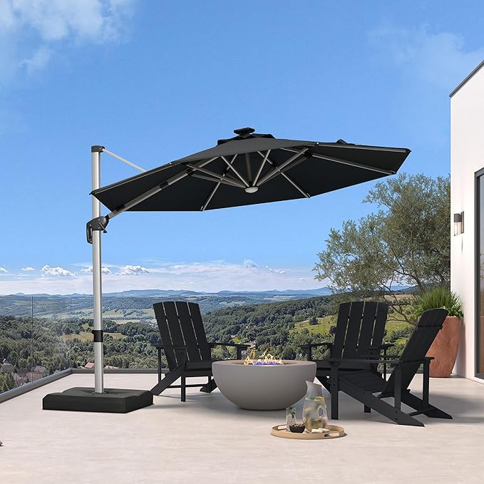 PURPLE LEAF Cantilever Umbrella with base 10ft Outdoor Round Patio Solar Powered LED Umbrella with 360-degree Rotation for Garden Deck Pool Patio, Black