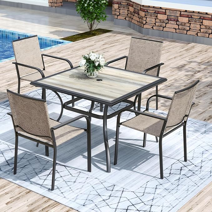 Anmutig 5-Piece Outdoor Patio Dining Set 37 Inch Square Wooden-Like PVC Table with 4 Stackable Chairs for Garden Backyard White