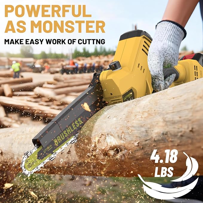 MGYM Electric Chainsaw, 10 Inch Handheld Cordless Chainsaw with 2x4.0A Batteries 2 Chains and Charger, Tool Free Auto-Oiling Battery Powered Chainsaw for Tree Trimming Wood Cutting Yard Work (Yellow)