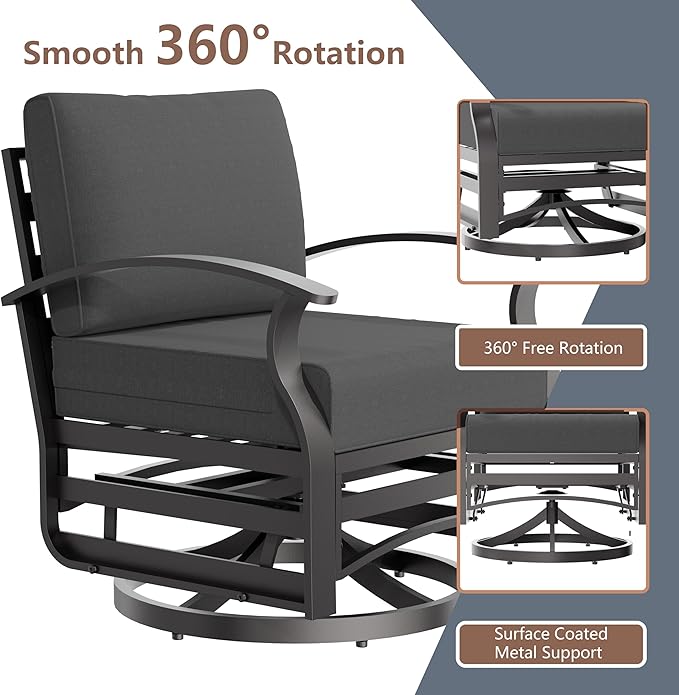 Aluminum Outdoor Patio Furniture Set,5 Pieces 7 Seats Patio Conversation Sets with 2 Swivel Rocking Chairs,Metal Patio Sectional Furniture Set with 5.1" Thickened Cushions,Black